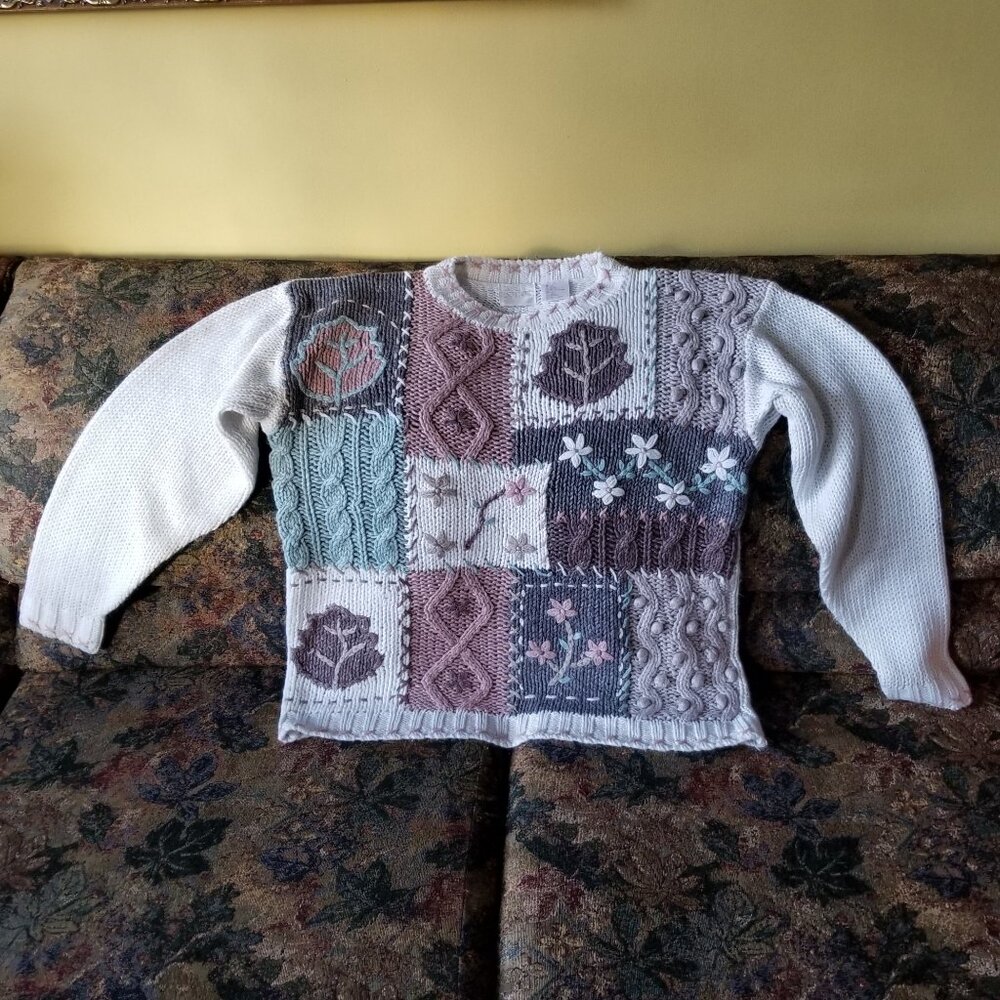 Vintage, 90s, white ramie/acrylic sweater, colour squares, leaves, flowers, S-L